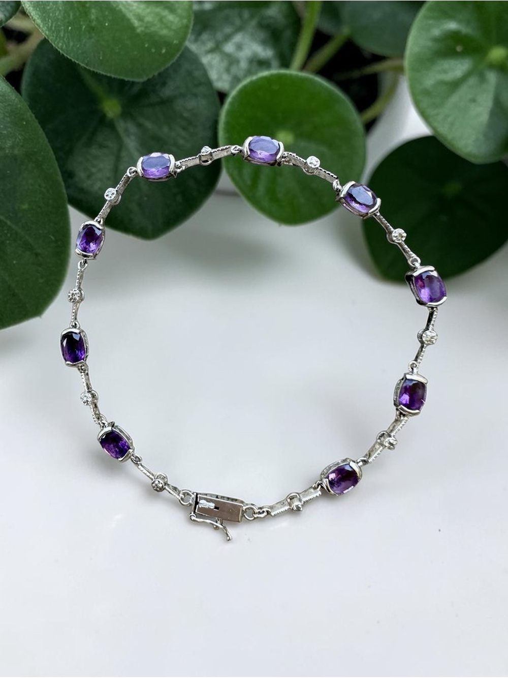 Vintage 14K White Gold Natural Amethyst & Diamond Tennis Bracelet (7", 4.6g)